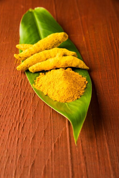 Whole turmeric and haldi or huldi powder heap