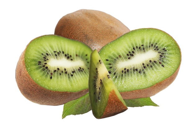 Whole two half and quarter of fresh tasty kiwi isolated on white background