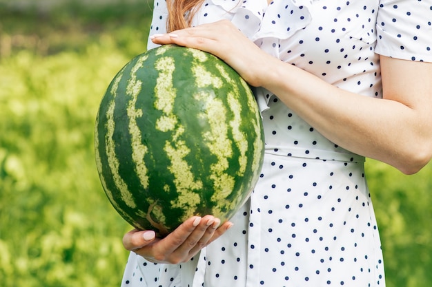 Whole watermelon close up in hands of young woman on green nature background.