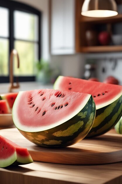 Foto fette intere di cocomero su una tavola da taglio in legno con cucina sfocata sullo sfondo