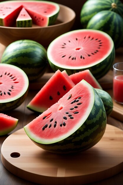 Whole watermelon slices on a wooden cutting board with blurred kitchen in the background