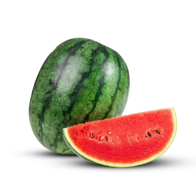 A whole watermelon with a slice of watermelon on a white background summer fruits