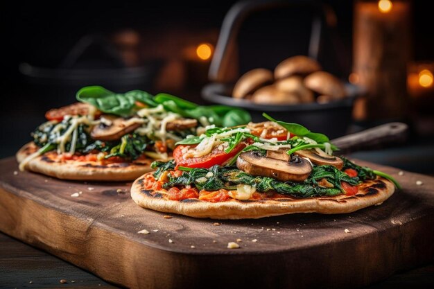 Photo whole wheat pita pizzas with tomato sauce spinach