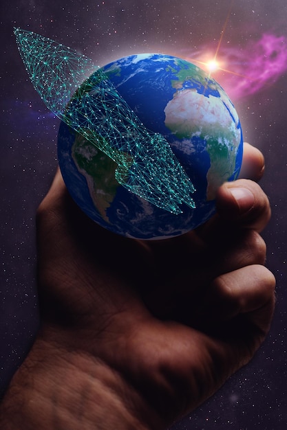 Whole world in human hands plam and Rocket low poly Mixed media