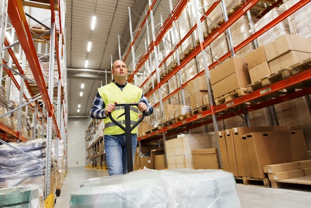 wholesale, logistic, loading, shipment and people concept - man carrying loader with goods at warehouse