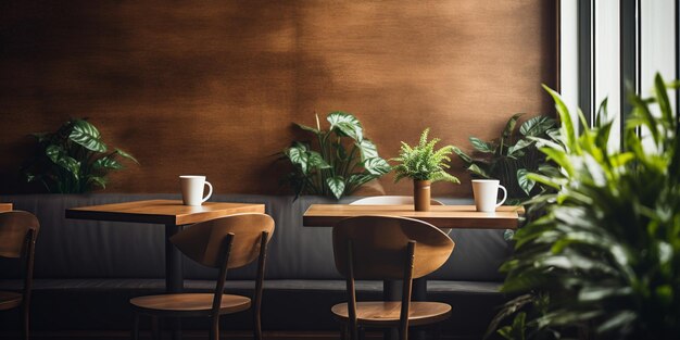 写真 健全な雰囲気の居心地の良い木製カフェのインテリア