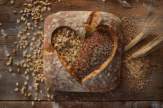 Photo wholesome bread loaf with heartshaped grain filling symbol of love for organic baking