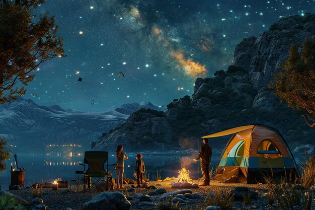 星空の下での健康的な家族キャンプ旅行