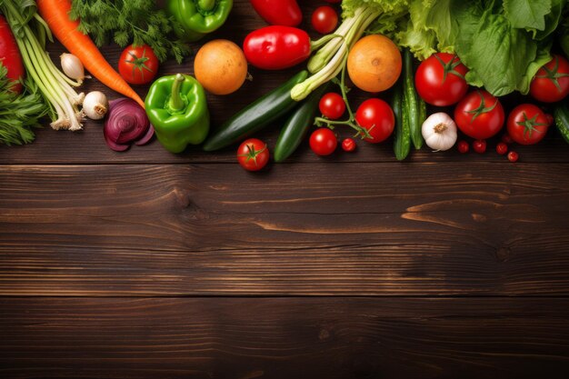 健康的なフレーバー、素朴な木製の背景に夏野菜の鮮やかなメドレー