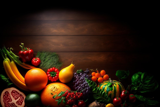 写真 健康的な食べ物 ダークウッドを背景にした果物と野菜 生成 ai