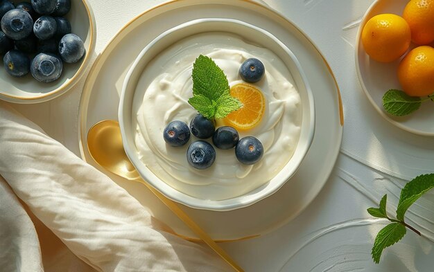 Wholesome Greek Yogurt Bowl Adorned with Blueberries Mint and Apricot