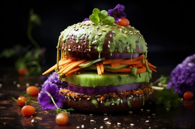 Wholesome indulgence a plantpowered delight with the veggie burger a delectable meatless creation offering healthconscious flavorful bites in a sustainable and delicious dining