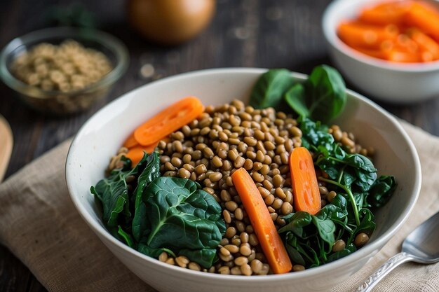 Photo wholesome vegan lunch bowl with lentils spinach and carrots