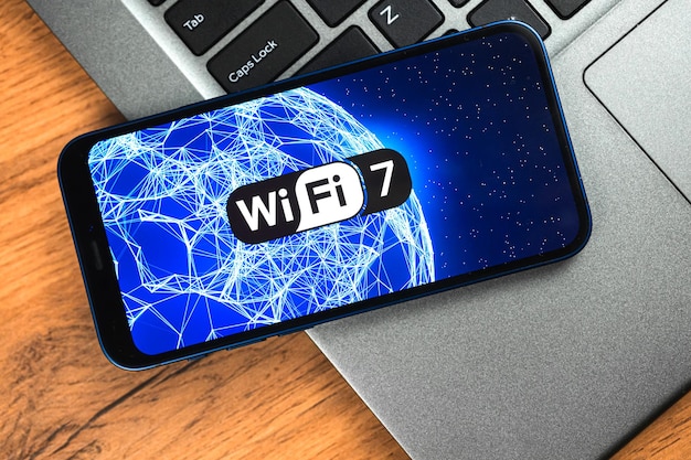 Wi-Fi 7 generation background, icon close-up. Smartphone supporting new Wi-Fi technology for communication, business photo