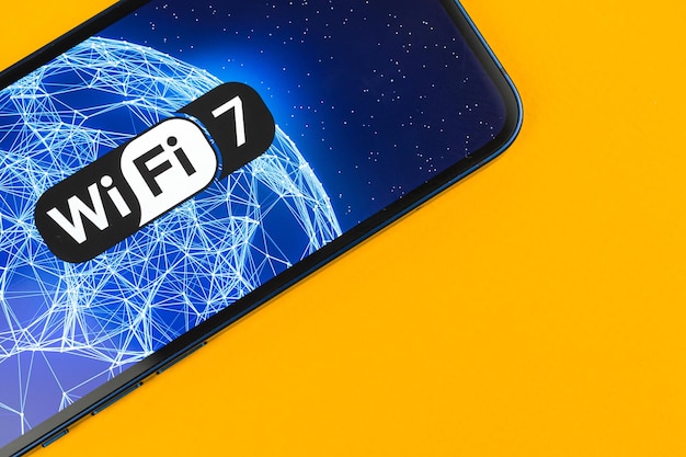 Foto sfondo wi-fi di 7a generazione. telefono cellulare moderno con supporto della nuova tecnologia wi-fi. concetto di comunicazione internet, vista dall'alto e foto dello spazio di copia