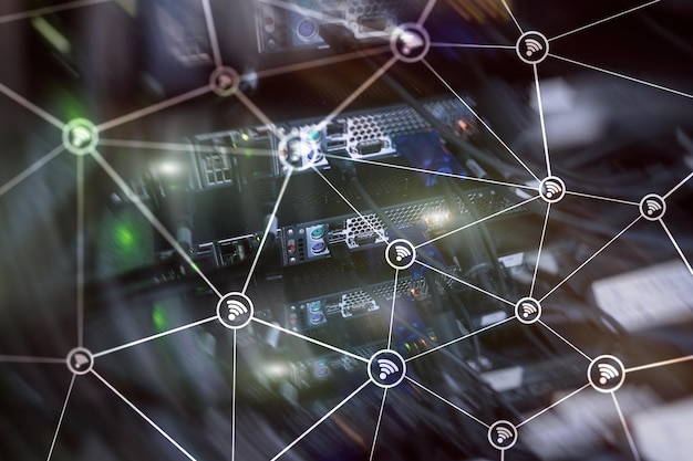 Foto wi fi netwerk abstracte structuur op moderne serverruimte achtergrond