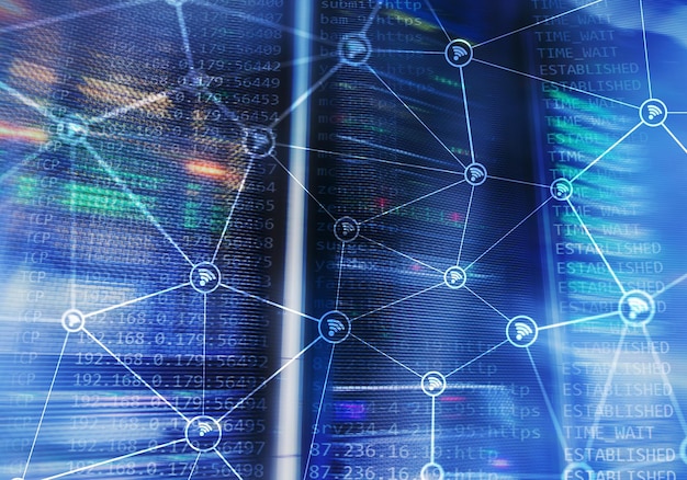 Foto struttura astratta della rete wi fi su sfondo moderno della sala server