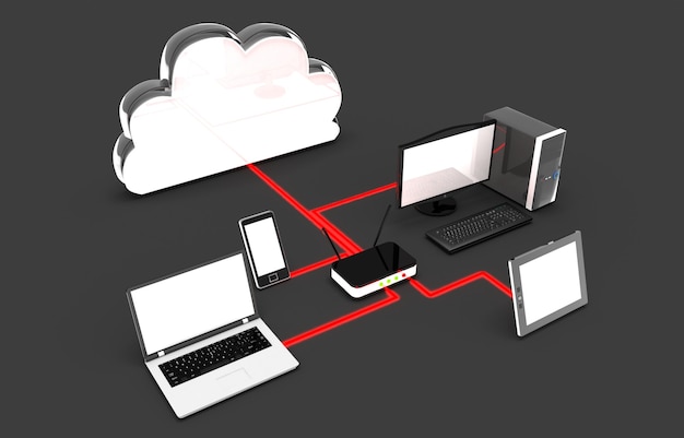 Wi fi network of electronic devices. 3d illustration