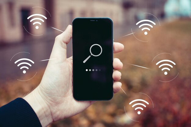 Концепция поиска сети Wi-Fi. Человек держит смартфон.