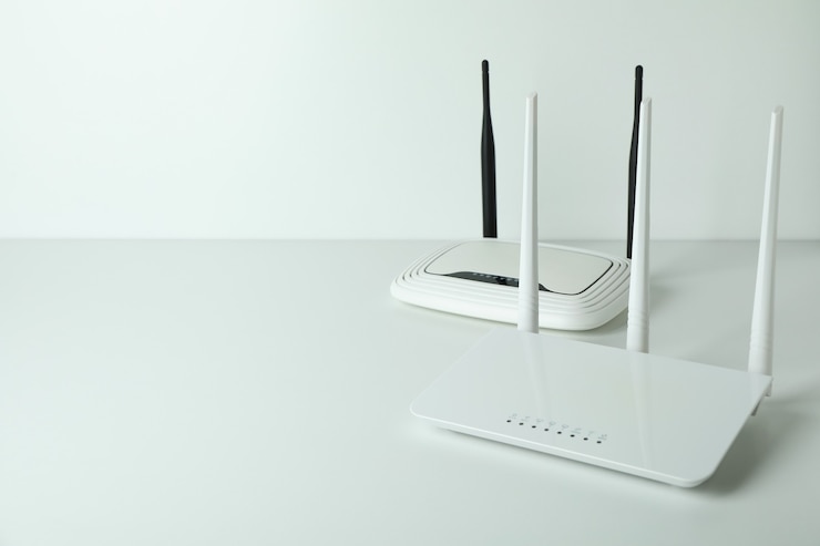 Foto wi-fi-routers met externe antennes op witte achtergrond