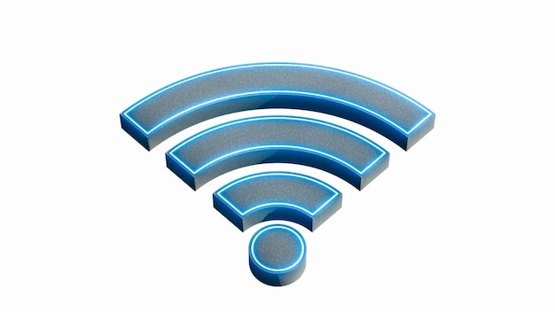 Wi-Fi символ беспроводная сеть цифровая высокотехнологичная инновационная концепция бесплатная интернет-зона и точка доступа футуристическая технология с голубым неоновым свечением 3d-рендеринга