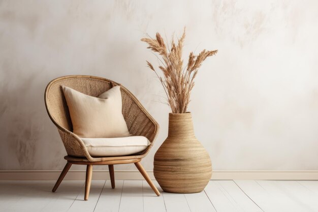 Photo wicker armchair and vase with pampas grass near light wall