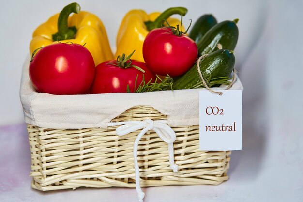 사진 신선한 채소에 대한 탄소 중립 제품 라벨에 대한 wicker 바구니 탄소 라벨