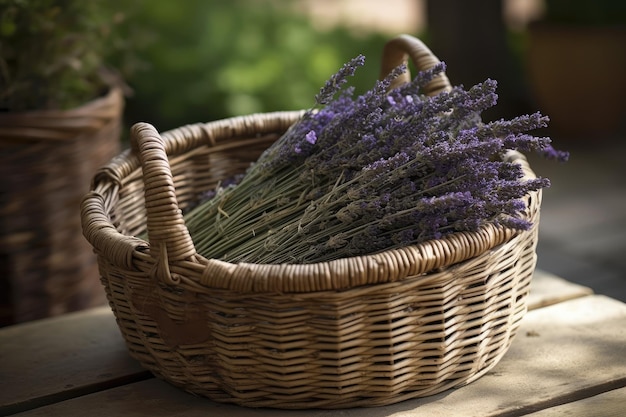 Photo a wicker basket filled with lavender generative ai