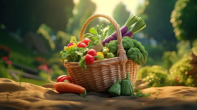 A wicker basket filled with lots of vegetables