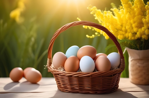 A wicker basket filled with multicolored eggs sits on a table with the warm glow of sunlight