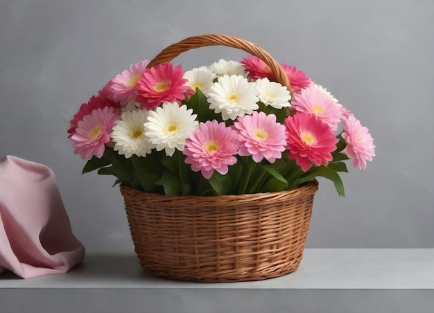 A wicker basket filled with a variety of flowers including pink roses white daisies with yellow