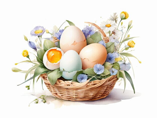 Wicker basket flowers chicken eggs table Easter