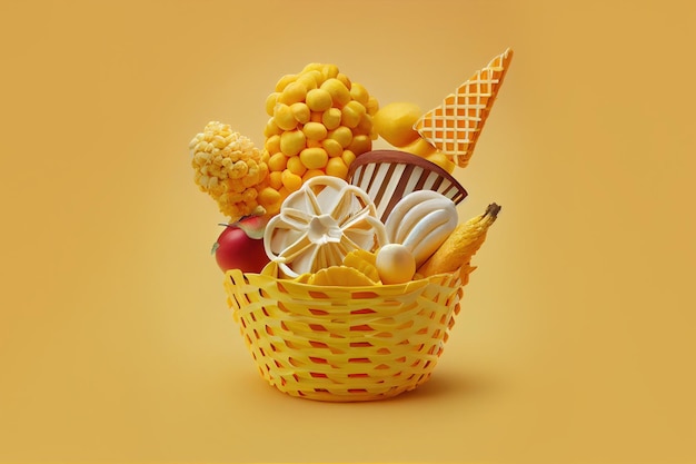 Wicker basket full of fruits over yellow background Generative Ai