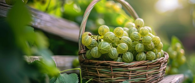 Photo a wicker basket overflows with an abundant harvest of plump bright green gooseberries nestled amidst lush foliage and natural setting