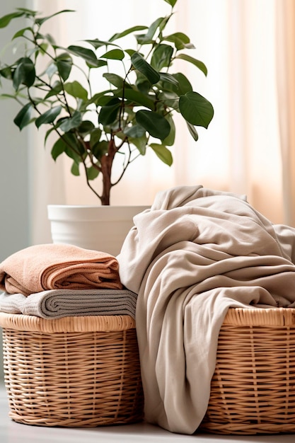 wicker basket for storing clothes for washing on the background of the wall and plants