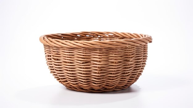 Wicker Basket A wicker basket is placed on a plain white background showcasing its intricate weaving and sturdy structure The basket appear empty with light casting gentle shadows across it surface