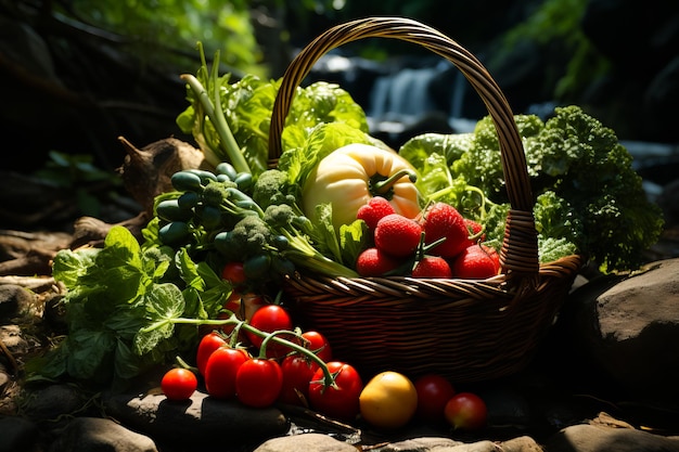 多種多様な有機野菜とイチゴの野外で健康的な食べ物を食べる