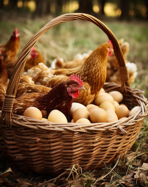 Photo wicker basket with brown eggs and two hens sitting on poultry at farm outdoors generative ai