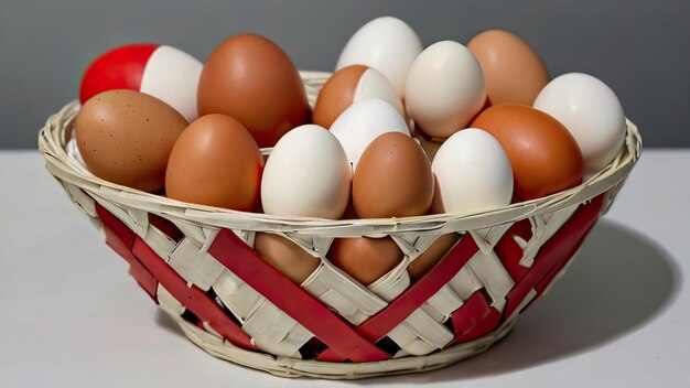 Wicker basket with chicken eggs table Easter