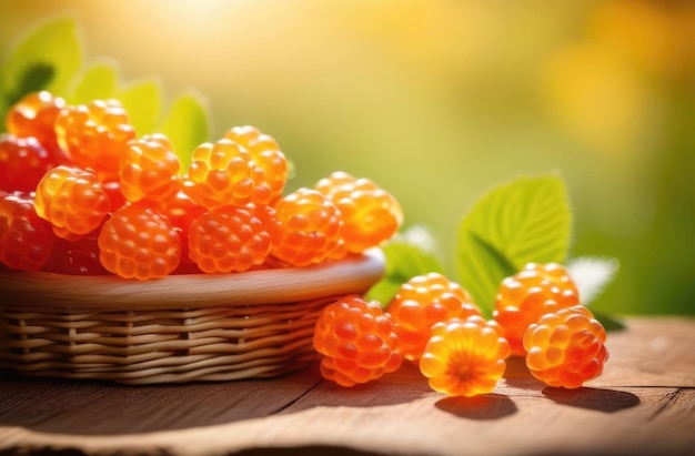 wicker basket with cloudberries on a wooden table ripe cloudberries orchard green background sunny day