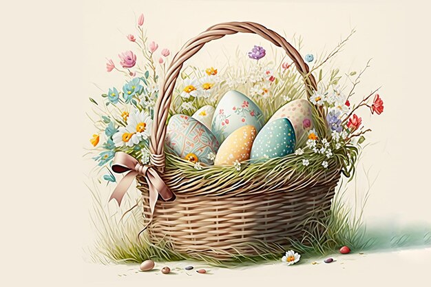 Wicker basket with colorful eggs for easter isolated on light background Generative AI