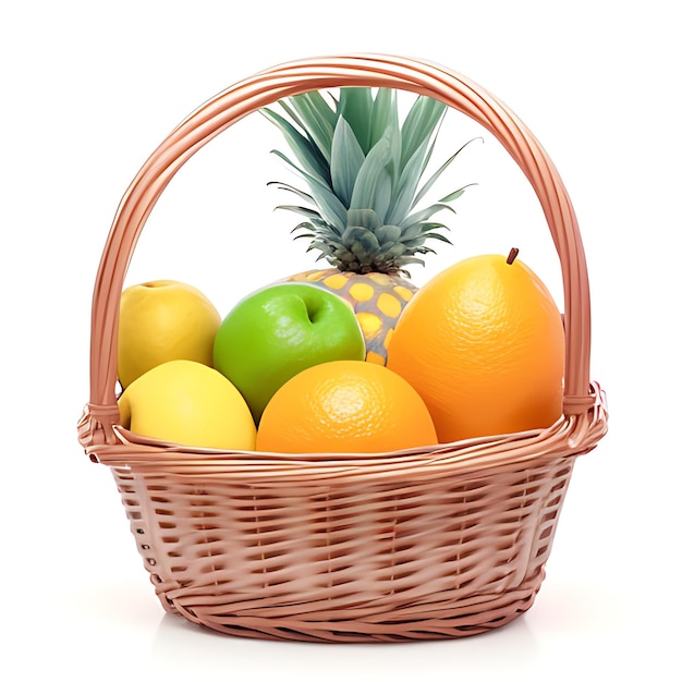 Wicker basket with different fruits on white background AI generated
