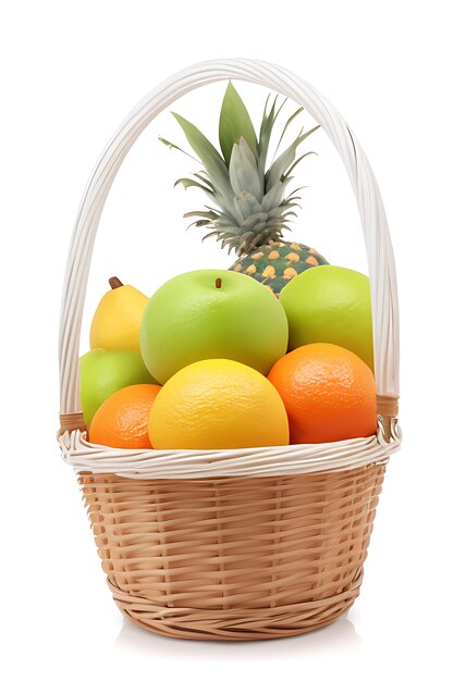 Photo wicker basket with different fruits on white background ai generated