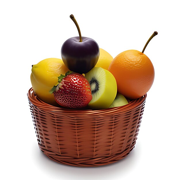 Wicker basket with different fruits on white background AI generated