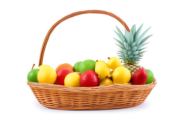 Photo wicker basket with different fruits on white background ai generated