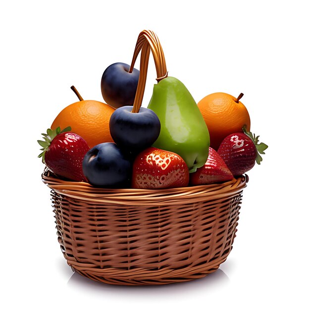 Photo wicker basket with different fruits on white background ai generated