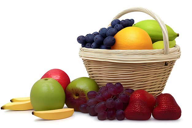 Wicker basket with different fruits on white background AI generated