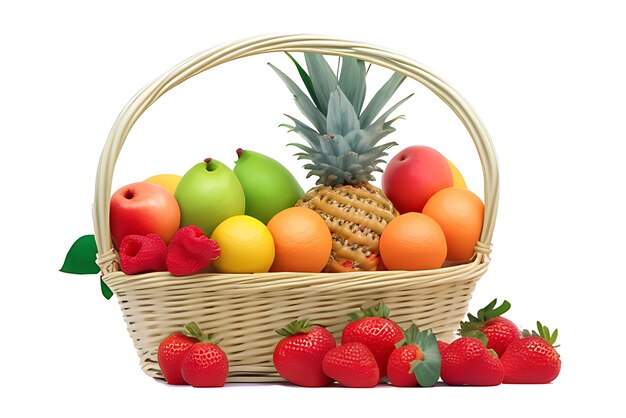 Photo wicker basket with different fruits on white background ai generated