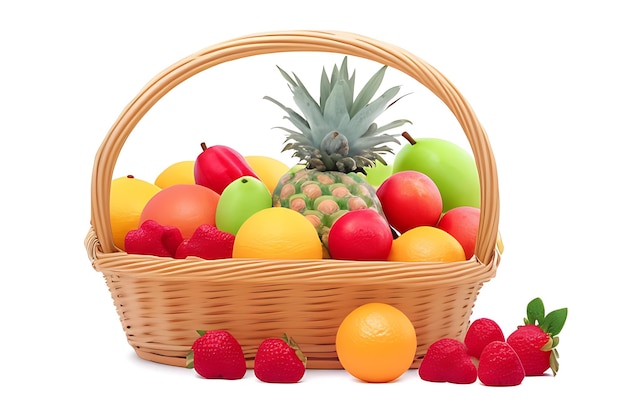 Photo wicker basket with different fruits on white background ai generated