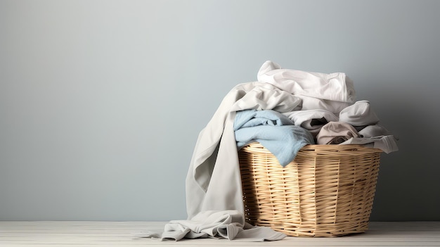 Wicker basket with dirty clothes on wooden table against grey wall background